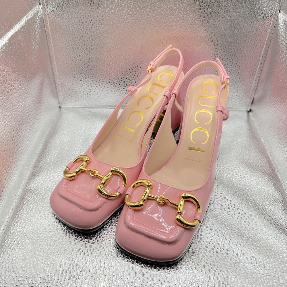 RARE GUCCI PINK BABY 75MM HORSE BIT SLINGBACK PATENT LEATHER PUMPS - Picture 7 of 7